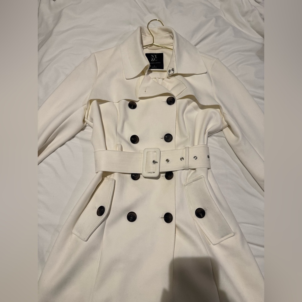 New York & Company Women's White Double-Breasted Trench Coat